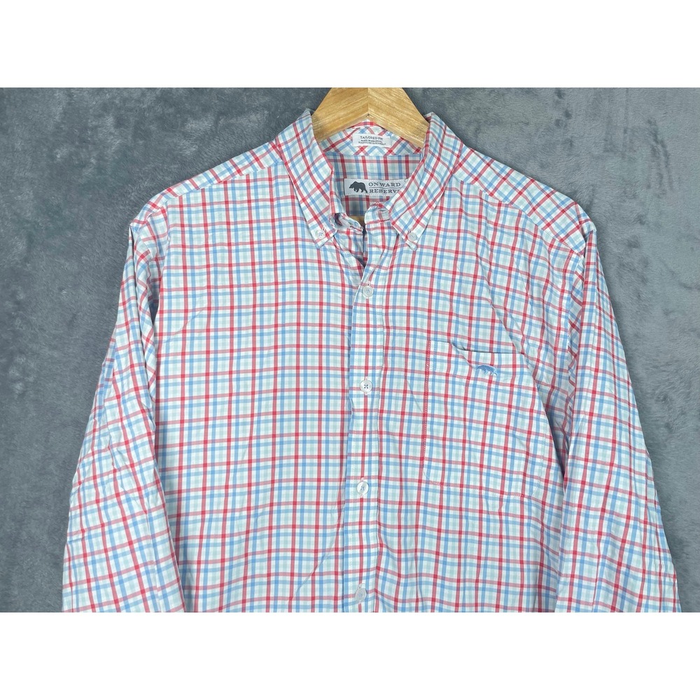 Onward Reserve Mens Large Tailored Fit Performance Button Down Shirt Red Blue